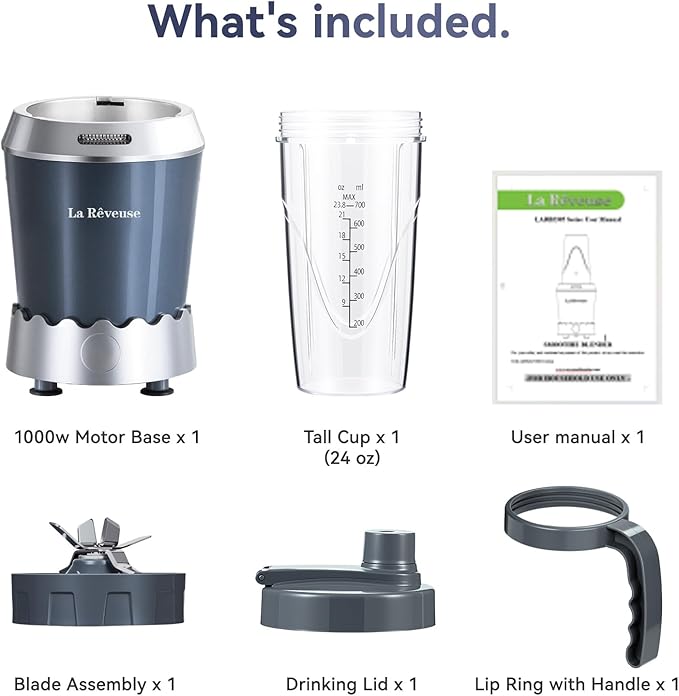 La Reveuse Personal Size Smoothie Blender Pro, 1000W High Speed with 24oz To-Go Cup, Ideal for Smoothies,Protein Shakes, Frozen Drinks, Food Prep, Gray