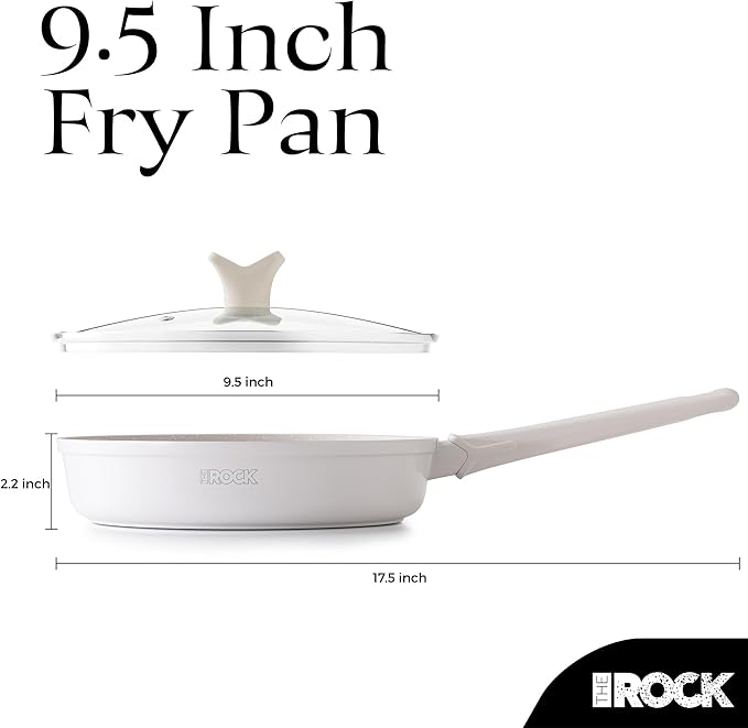 THE ROCK SOHO 9.5-Inch Non Stick Frying Pan with Lid–Nothing Sticks, Never Warps, Lasts Longer, Ceramic Non Toxic Skillet with Heat-Resistant Handle, PTFE PFOA&PFAS Free, Oven & Dishwasher Safe, Cream