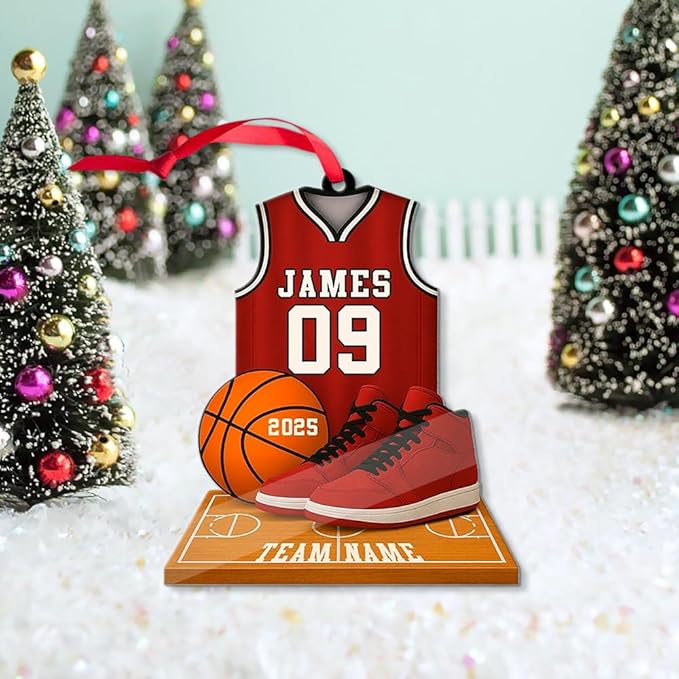 Famitrendz Custom Basketball Christmas Ornaments 2025, Custom Name Basketball Acrylic Christmas Tree Decorations, 2D Flat Baller Ornaments for Tree 04