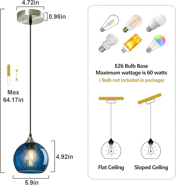 Blue Glass Pendant Lights Kitchen Island Lighting Globe Pendant Light Fixtures Modern Pendant Lighting for Kitchen Island Bedroom Living Dining Room Light Fixture(5.9in, 1-Pack)
