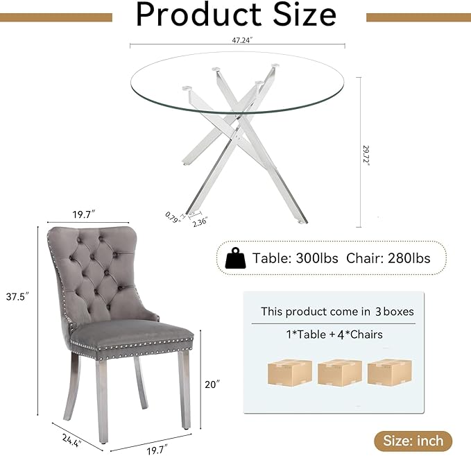 Goujxcy 5 Piece Round Glass Dining Table Set for 4, 47" Round Dining Table & Chair Set Modern Circle Glass Kitchen Table and 4 Velvet Upholstered Chairs for Kitchen Dining (Silver Table & Grey Chair)