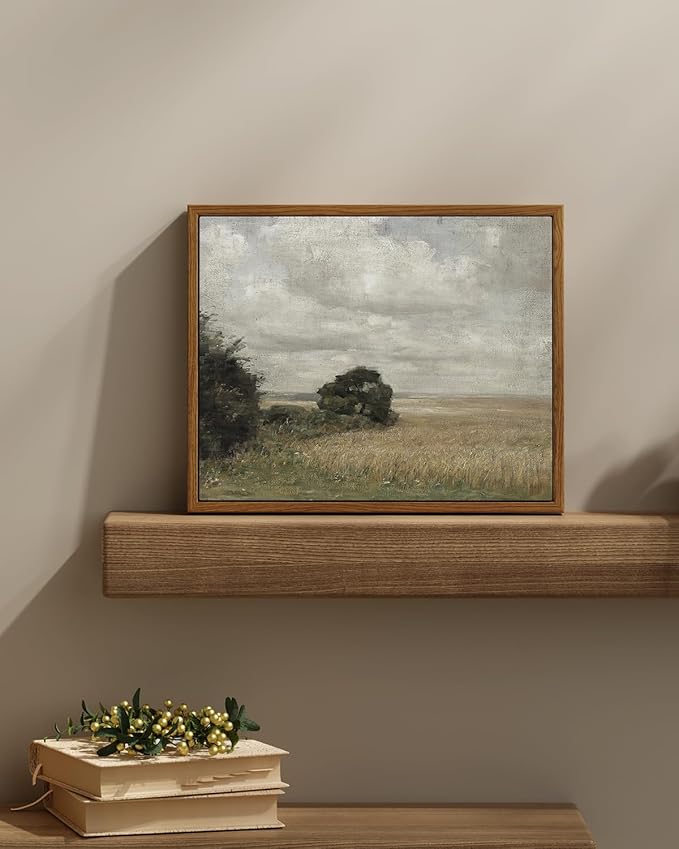 InSimSea Framed Canvas Wall Art Vintage Decor, Landscape Wall Art Prints, Vast Field under Cloudy Sky Wall Decoration, Mid Century Modern Decor, Rustic Farmhouse Bedroom, Retro Room, 11"x14"