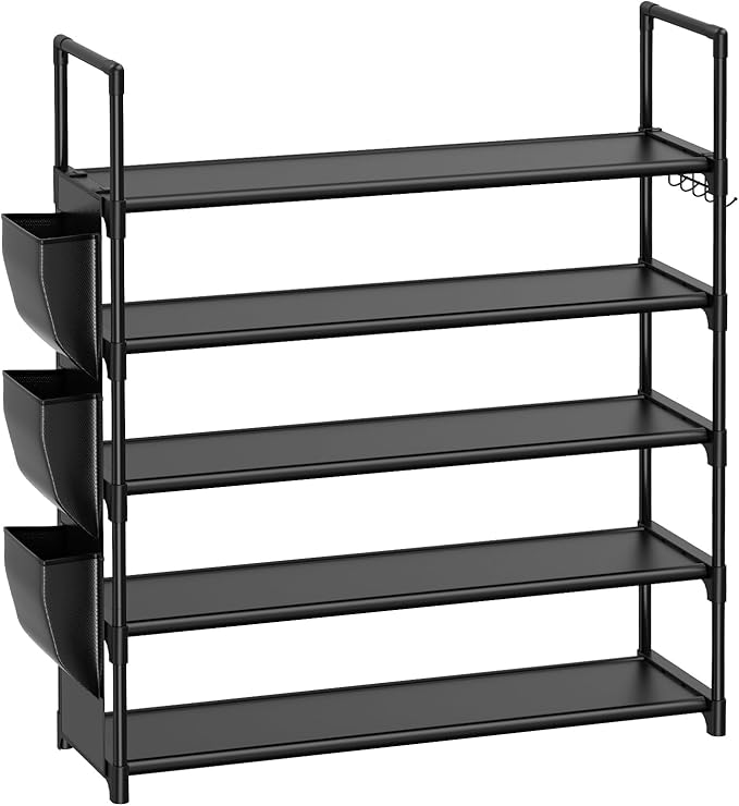 5 Tier Shoe Rack with Hook and Side Pocket,Shoe Organizer Space Saver Storage for 20-25 Pair Shoe Storage Shelf Sturdy Free Standing Long Shoe Rack Organizer for Closet,Entryway,Small Spaces