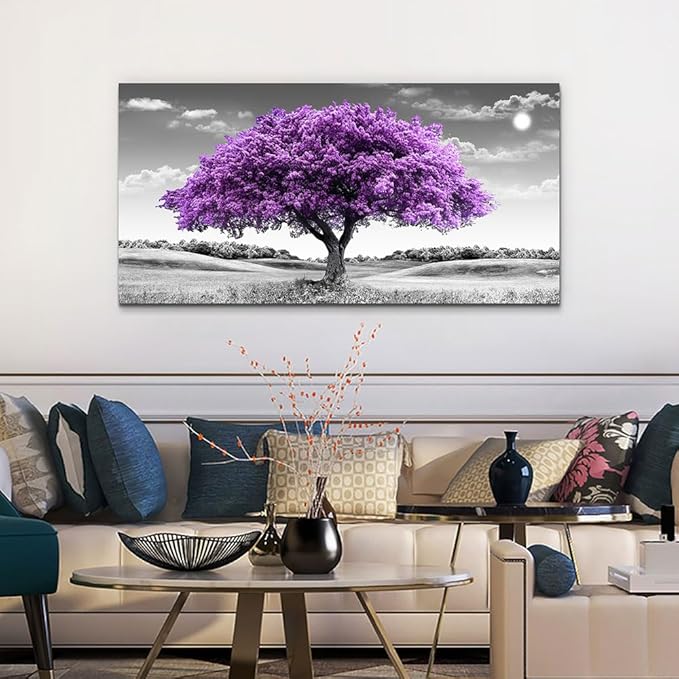 Canvas Wall Art for Living Room Large Wall Decor for Bedroom Modern Office Wall Decorations Purple Tree Landscape Painting Black and White Pictures Artwork Room Aesthetic Home Decor