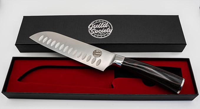 7 Inch Japanese Santoku Knife, Stainless Steel, Ergonomic Pakkawood Handle for Comfort - Sharp Chef Knife for Slicing, Chopping, and Mincing - Perfect for Vegetables, Meat, & Fish