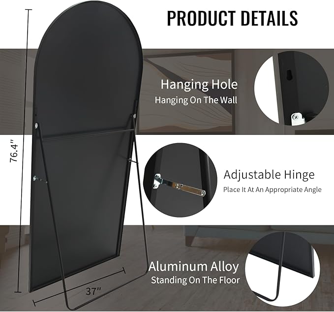 Beauty4U 76" x 37" Arch Large Full Length Mirror with Stand, Black Wall Mounting Full Body Mirror, Metal Frame for Living Room, Bedroom