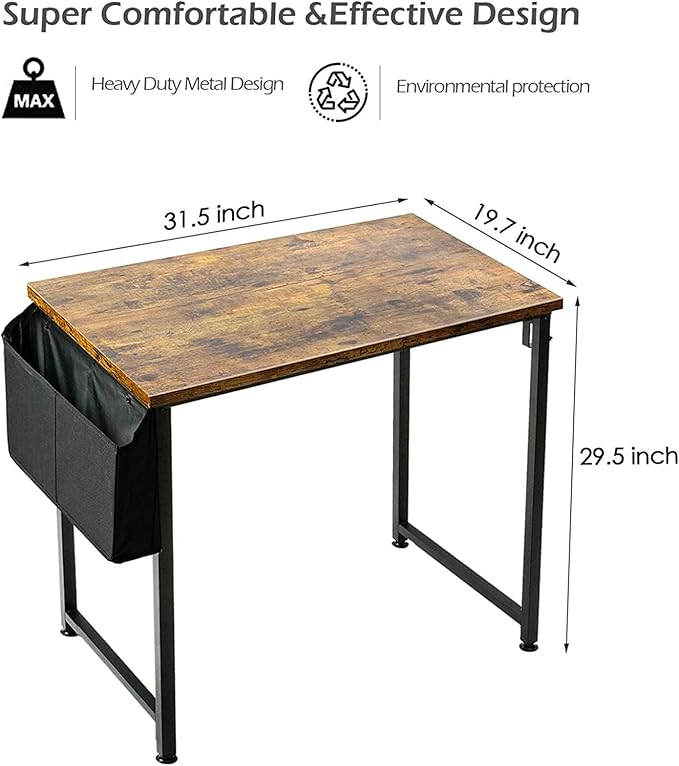 Lufeiya Small Computer Desk Study Table for Small Spaces Home Office 31 Inch Rustic Student Laptop PC Writing Desks with Storage Bag Headphone Hook,Brown