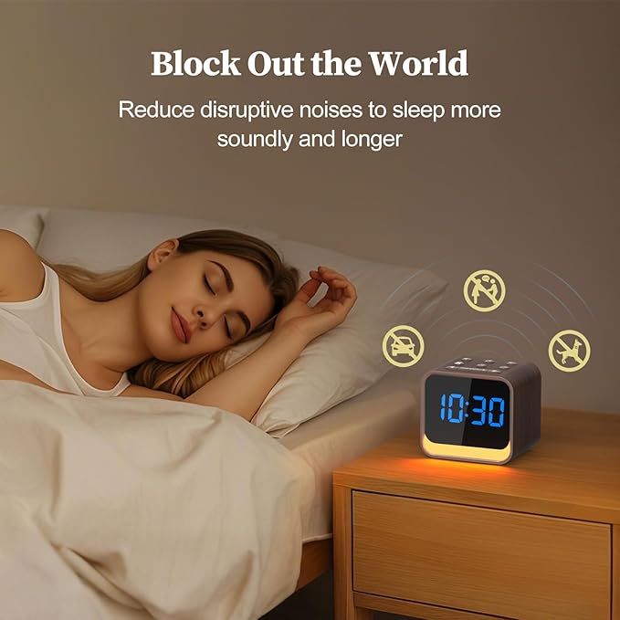 Housbay Wooden Sound Machine Alarm Clock for Bedrooms - Gentle Wake-Up with Birdsong, White Noise for Sleeping, Small Digital Clock for Phone-Free Routine - Walnut Wood