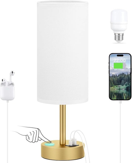 Small Touch Bedside Lamp with USB - 3 Way Dimmable Table Lamp for Bedroom, Nightstand Lamp with Gold Charging Station for Desk Dorm, Office
