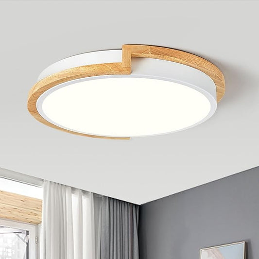 Dimmable Wood LED Flush Mount Ceiling Lights, 5CCT 2700K-6000K White Hallway Lighting Fixtures, Minimalist Round Ceiling Lamp for Bedroom Laundry Room Kitchen Entryway Bathroom 11.8in