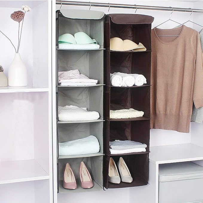 5 Shelves Hanging Closet Organizer, 2 Pack Hanging Storage with 6 Side Pockets for Clothes Bags, 43"x12"x12"(Gray)