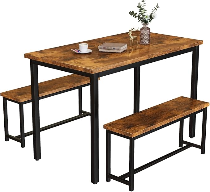 Recaceik Dining Table Set with Bench, 3 Pieces Dining Furniture Set Kitchen Table Set Sturdy Structure Space-Saving Dinette for Kitchen, Dining Room Breakfast Nook, Living Room, Rustic Brown