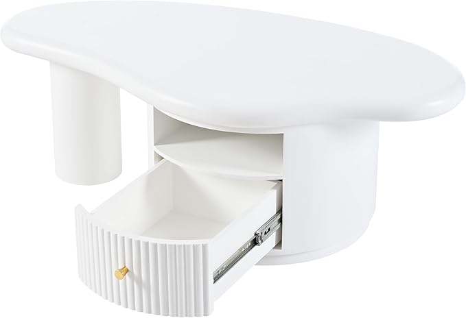 WILLIAMSPACE 43.3" Cloud Coffee Table with Drawer and Shelf, Modern Irregular Shape Coffee Table Storage Center Table Accent Side End Table for Living Room Apartment, White