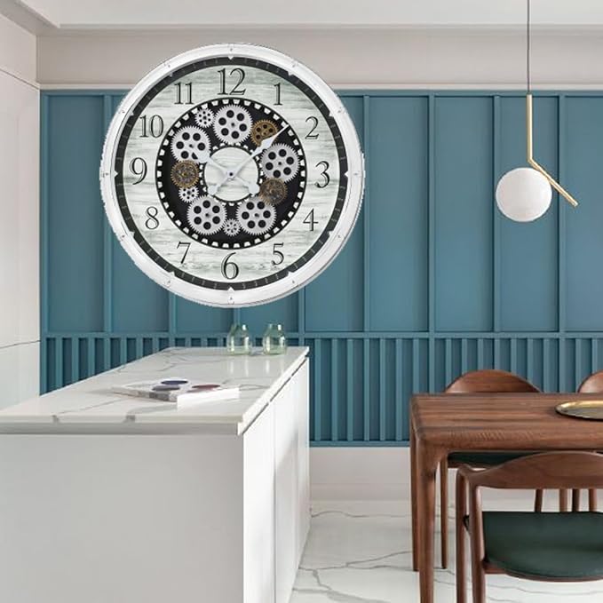 20 Inch Steampunk Wall Clock with Decorative Gears, Industrial Vintage Analog Clock for Living Room, Farmhouse, Office Decor, Silent Non-Ticking Battery Operated,Blue