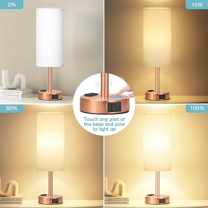 Bronze Nightstand Bedroom Lamp - 3 Way Dimmable Bedside Lamp USB C A Charging Ports and AC Outlet, Small Table Lamp White Linen Lampshade for Desk, LED Bulb Included