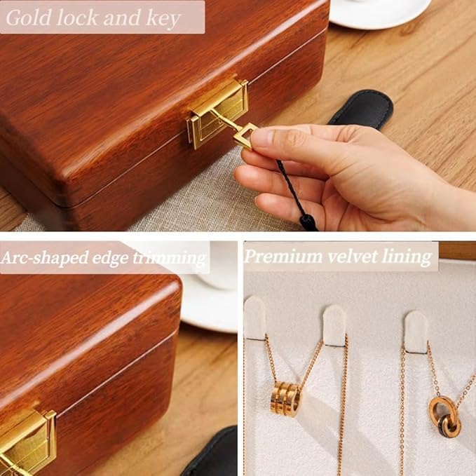 Bescott 2 Layer Solid Wooden Jewelry Box with Lock and Key for Women Men Vintage Velvet Wood Jewelry Organizer Storage for Earrings Rings Necklaces Bracelet Watch Mother’s Day Gift