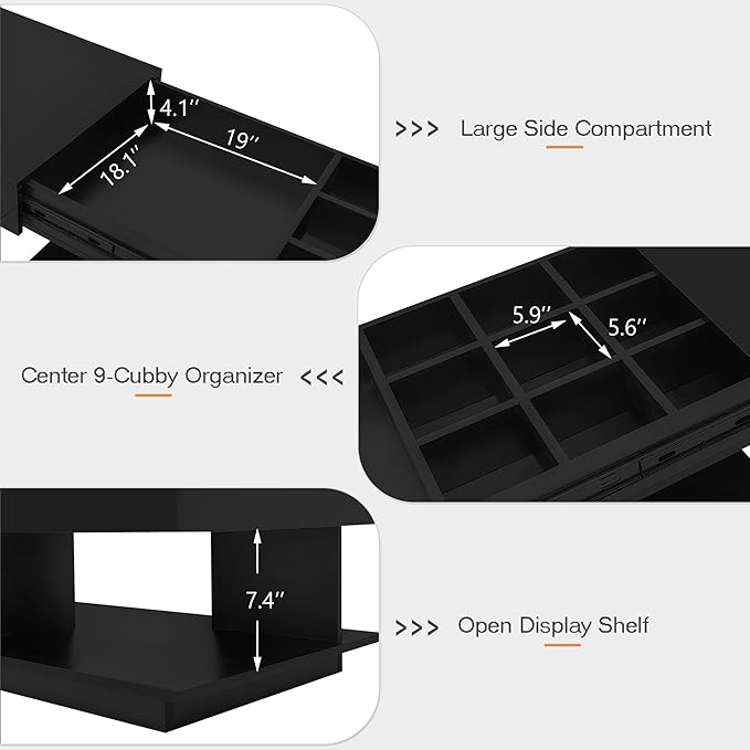 Modern High Gloss LED Coffee Table Center Table with Hidden Storage Space, Extending Top & LED Light for Living Room, Black
