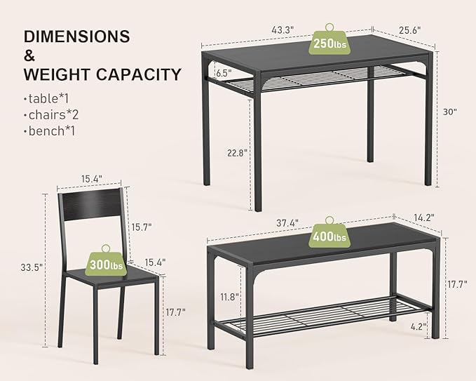 Gizoon Kitchen Table and 2 Chairs for 4 with Bench, 4 Piece Dining Table Set for Small Space, Apartment