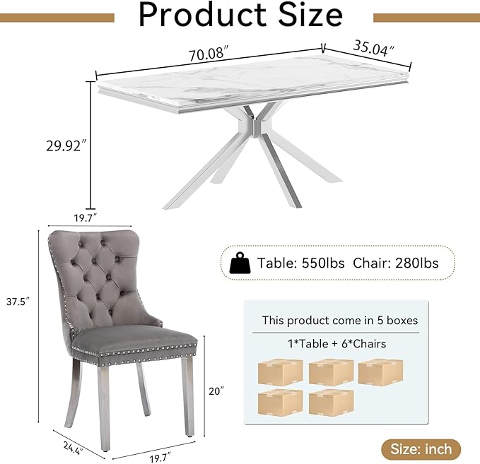 Goujxcy Luxury Dining Table Set for 6 Modern 7 Piece Faux Marble Dining Table Set with 6 Tufted Upholstered Chairs, 70" Faux Marble Kitchen Table & 6 Chairs with Mirrored Stainless Steel Base