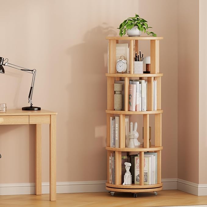 Solid Wood Rotating Bookshelf on Wheels, 4 Tier, Round Revolving Bookcase, 360° Spinning Book Shelf Tower for Kids, Narrow Rolling Bookshelves for Small Space, Corner, Bedroom, Office, Natural