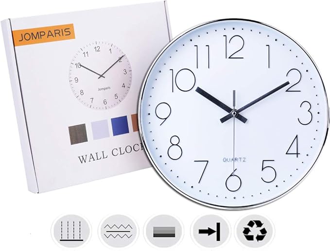 jomparis Modern 12" Battery Operated Non-Ticking Silent Sweep Movement Wall Clock Decorative for Office,Kitchen, Living Room, Bedroom, Bathroom Silver Plastic Frame