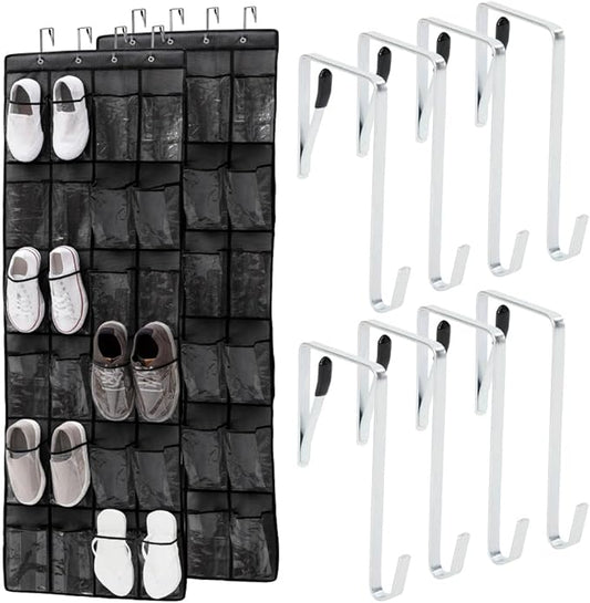 GORILLA GRIP Over the Door Shoe Organizer, 24 Large Breathable PVC Pockets, Space Saving Hanging Storage Holder, Closet Rack Hanger Holds Up to 40 lbs, Hangs on Closets for Shoes 2 Pack, Black