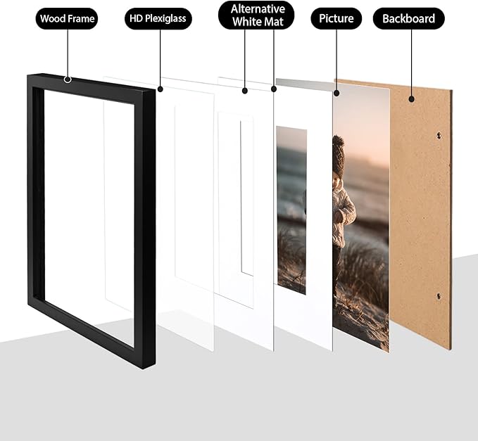 KINLINK 11x14 Picture Frame Black, Solid Wood Frames with Acrylic Plexiglass for Pictures 5x7/8x10 with Mat or 11x14 without Mat, Tabletop and Wall Display, Set of 4