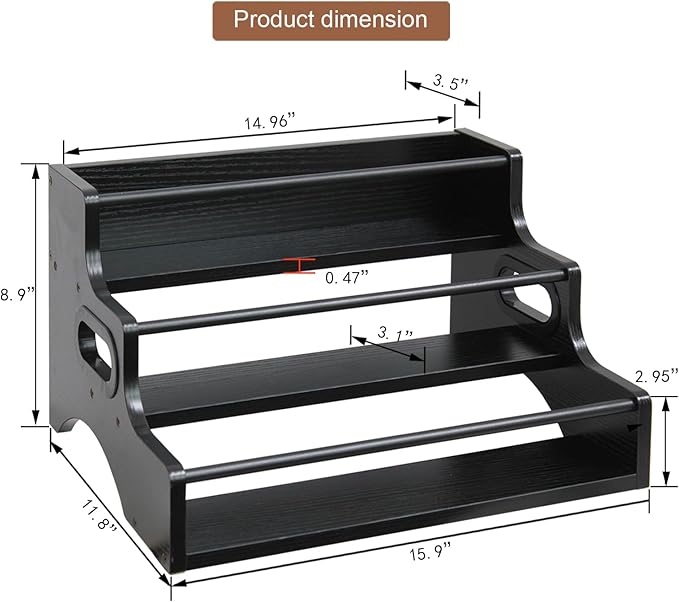 AT-VALY 3-Tier Spice Rack, Iron & MDF Kitchen Storage Shelf, Space-Saving Countertop Organizer for Spices, Herbs, Seasonings, Sturdy Stylish Condiment Holder (Black Grain)
