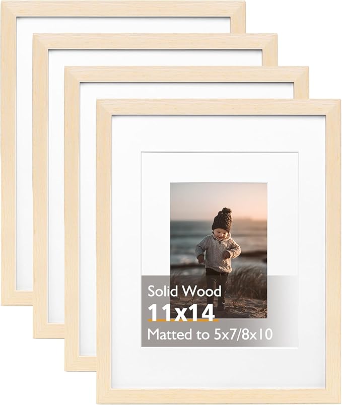 KINLINK 11x14 Picture Frame White Oak, Solid Light Wood Frames with Acrylic Plexiglass for Pictures 5x7/8x10 with Mat or 11x14 without Mat, Tabletop and Wall Display, Set of 4