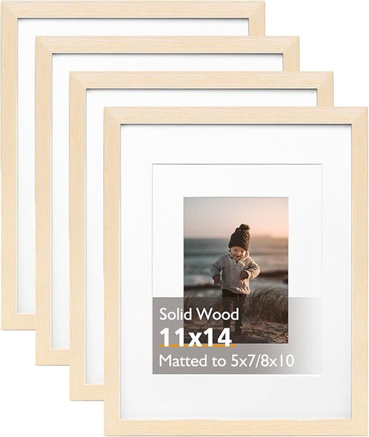 KINLINK 11x14 Picture Frame White Oak, Solid Light Wood Frames with Acrylic Plexiglass for Pictures 5x7/8x10 with Mat or 11x14 without Mat, Tabletop and Wall Display, Set of 4