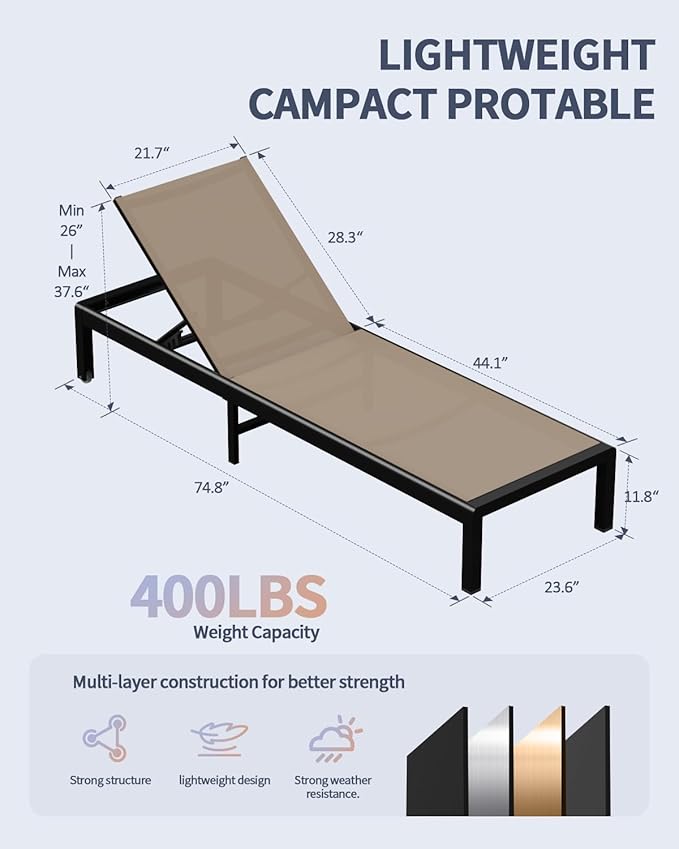 Aluminum Lounge Chairs Outdoor Chaise Furniture,2 Sets Patio Metal Deck Lounger Adjustable 5-Position Poolside Chase Recliner with Wheels for Beach,Coffee Table, (Khaki, 2 Chairs)