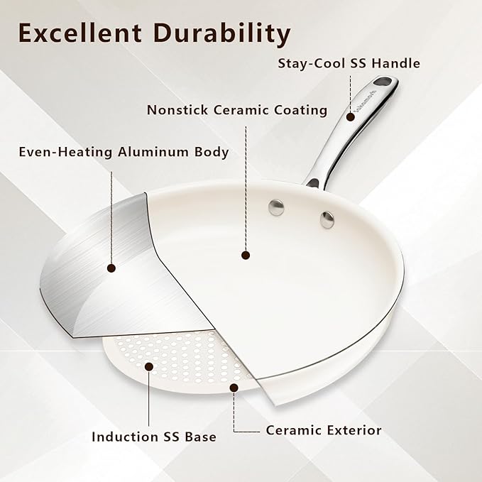 9.5" Ceramic Nonstick Frying Pan, Skillet, Cooking Pan Non Toxic with Stay Cool Handle for Induction, PTFE & PFAS & PFOA Free, Dishwasher/Oven Safe, White