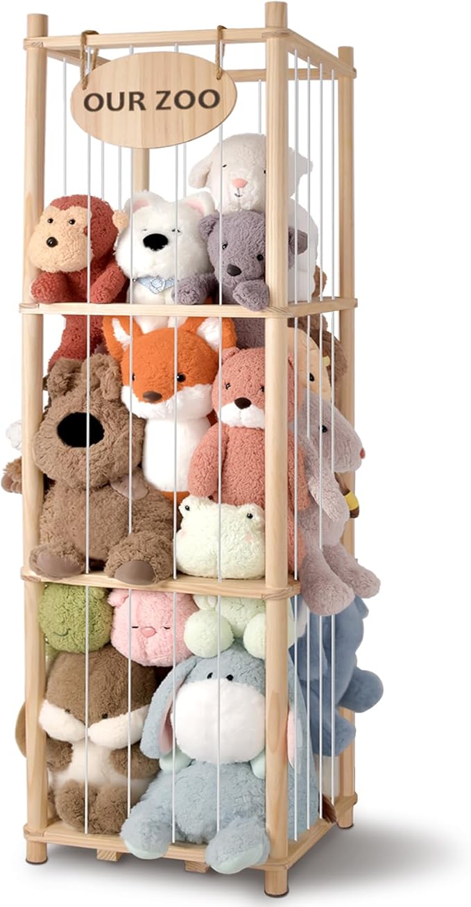 Stuffed Animal Storage Organizer - Thick Wooden Toy Zoo for Playroom & Bedroom, Large Plushies Holder with Cute Jail Cage Design, Plush Toy Display Tower Shelf (Large)