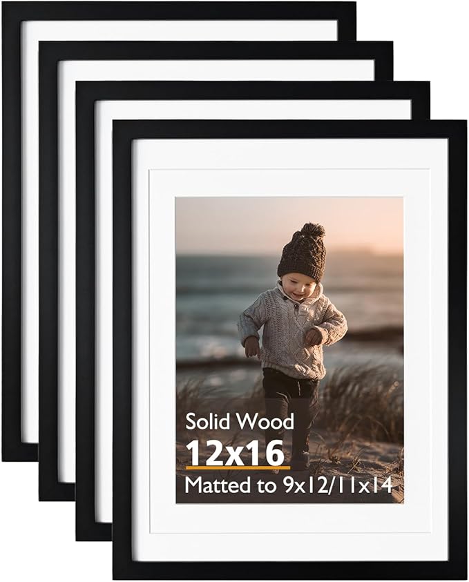 KINLINK 12x16 Picture Frame Black, Solid Wood Frames with Acrylic Plexiglass for Pictures 11x14/9x12 with Mat or 12x16 without Mat,Wall Display Photo Frame, Set of 4