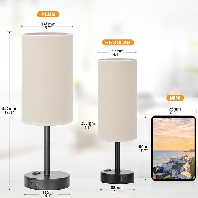 Touch Table Lamp - Beige, 3-Way Dimmable, USB A + C Charging, AC Outlet, 17.4inch Medium, Black Metal Base