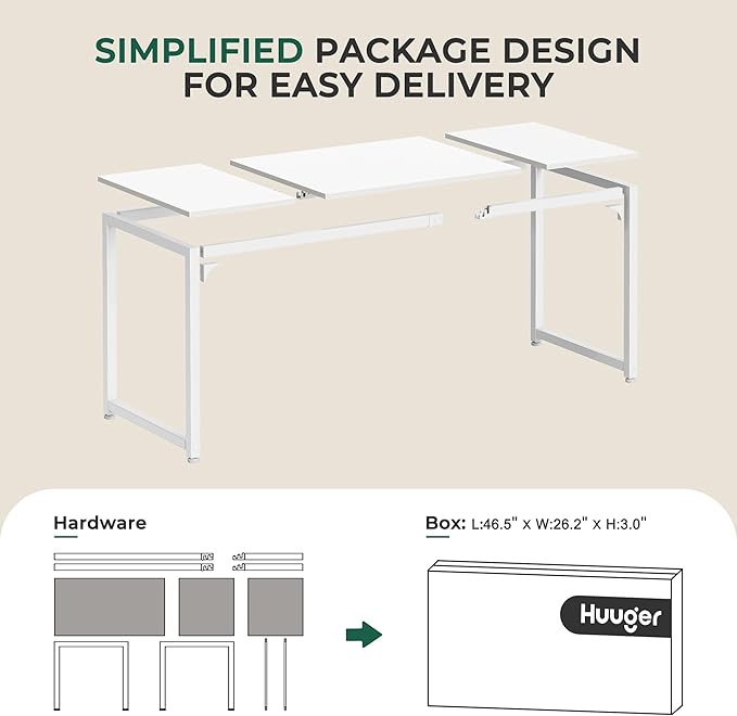 Huuger Computer Desk, 63 Inch Office Desk, Gaming Desk with Storage, Writing Desk Work Desk for Home Office, Study, Modern Simple Desk, Large Legroom, Metal Frame, White