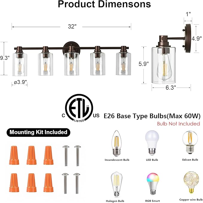 Bathroom Light Fixtures Wall Sconce Light with Clear Glass Oil Rubbed Bronze 5 Lights Bathroom Lighting Over Mirror Vanity Lights for Living Room,Bedroom,Restroom,Hallway E26 Base