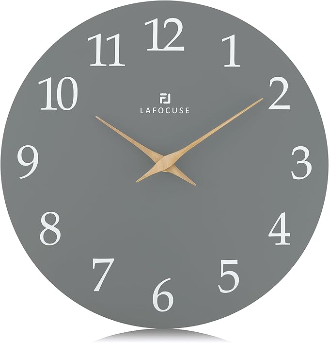 Lafocuse 12 Inch Silent Grey Wall Clock Battery Operated for Living Room Decor, Simple Minimalist Wooden Wall Clock for Kitchen Bedroom Office