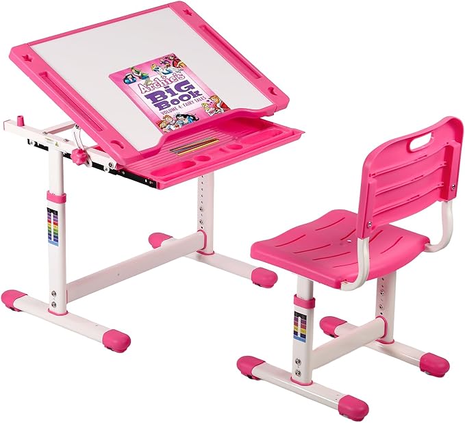 PayLessHere Kids Desk and Chair Set,Height Adjustable Study Desk for Kids with Pull Out Drawer Storage,Multi-function Study Desk and Chair for Writing, Reading and Drawing (Pink)