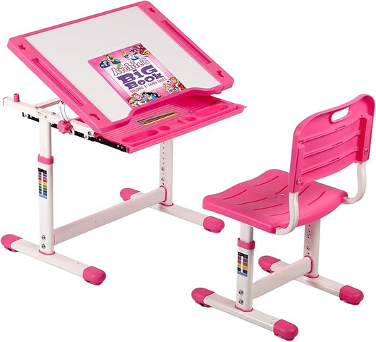 PayLessHere Kids Desk and Chair Set,Height Adjustable Study Desk for Kids with Pull Out Drawer Storage,Multi-function Study Desk and Chair for Writing, Reading and Drawing (Pink)