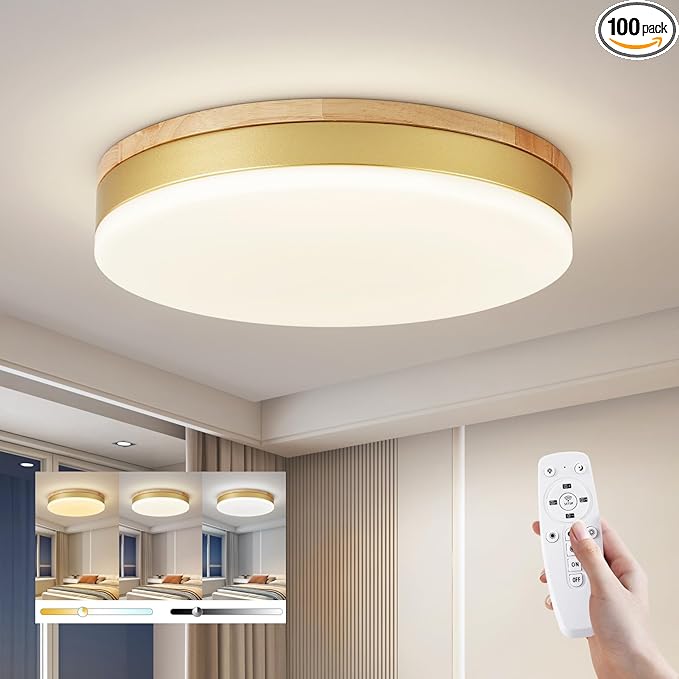 Modern Dimmable Gold Ceiling Light with Remote, 11.8in Flush Mount Ceiling Light, 24W 3000K-6000K Light Color Adjustable, 2200LM Round Ceiling Lamp Fixtures for Bedroom, Living Room, Hallway