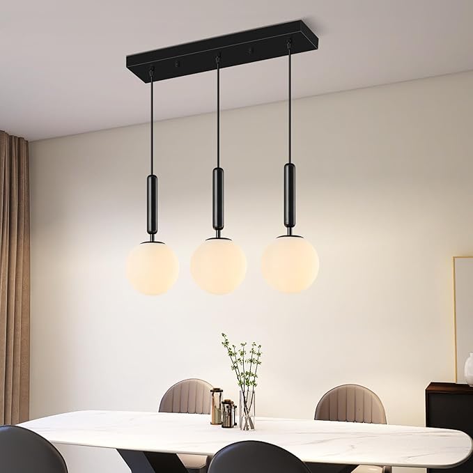 Modern Black Pendant Lights Kitchen Island Mid Century with Globe Pendant Light Milk White Glass Pendant Lighting for Living Room Bedroom Entryway (3 Lights)