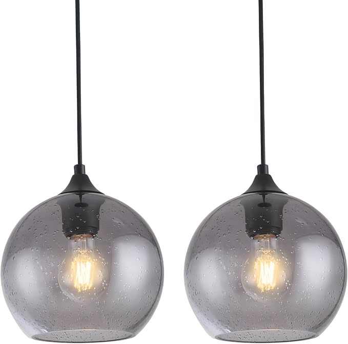 Gray Glass Pendant Lights Kitchen Island Lighting Globe Pendant Light Fixtures Modern Pendant Lighting for Kitchen Island Bedroom Living Dining Room Light Fixture-7.8in,2Pack
