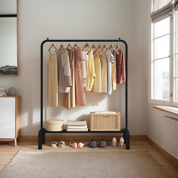 JIUYOTREE Standard Clothes Clothing Garment Rack with Storage Shelves Clothes Organizer for Hanging Clothes Coat Jacket Shirt Sweater Jeans Black