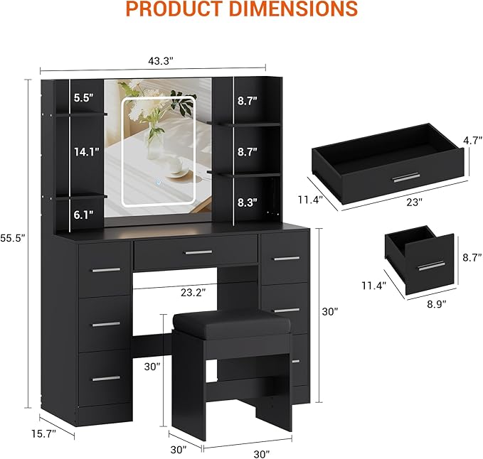 Hetoy Vanity Desk with Mirror and Lights - Makeup Vanity Desk with Chair - Dressing Table with 7 Drawers and Hair Dryer Rack for Bedroom