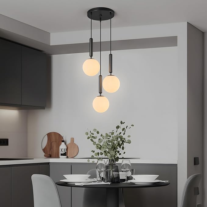 Modern Black Pendant Light Hanging Fixture Light for Kitchen Island Mid Century with Globe Pendant Light Milk White Glass Pendant Lighting for Living Room Bedroom Entryway (3 Lights)