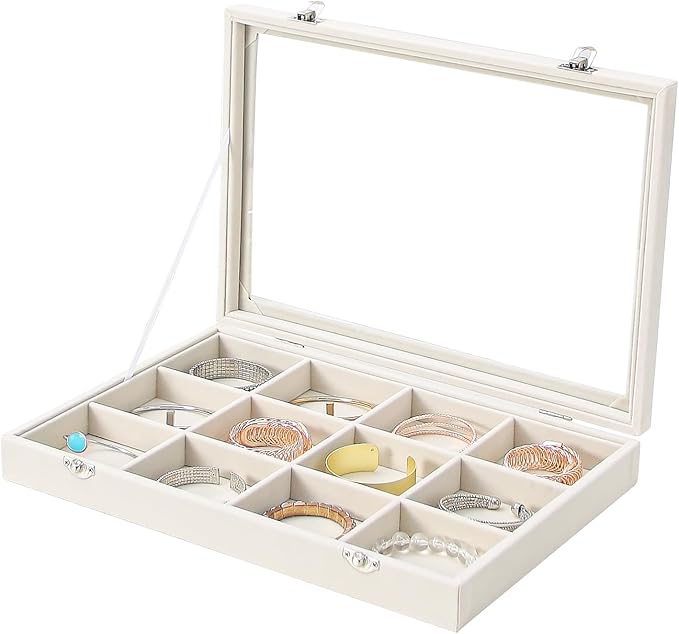 Coward Jewelry Organizer Box, Beige Velvet 12 Grids Bracelet Bangle Necklace Jewelry Display Tray Case with Transparent Glass Lid for Home Drawer Desk or Store Selling Show