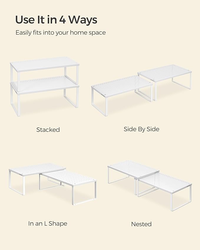 SONGMICS Spice Racks, Set of 2 Metal Cabinet Shelf Organizers, Countertop Organizers, Shelf Risers, Stackable, Expandable, White UKCS401W01