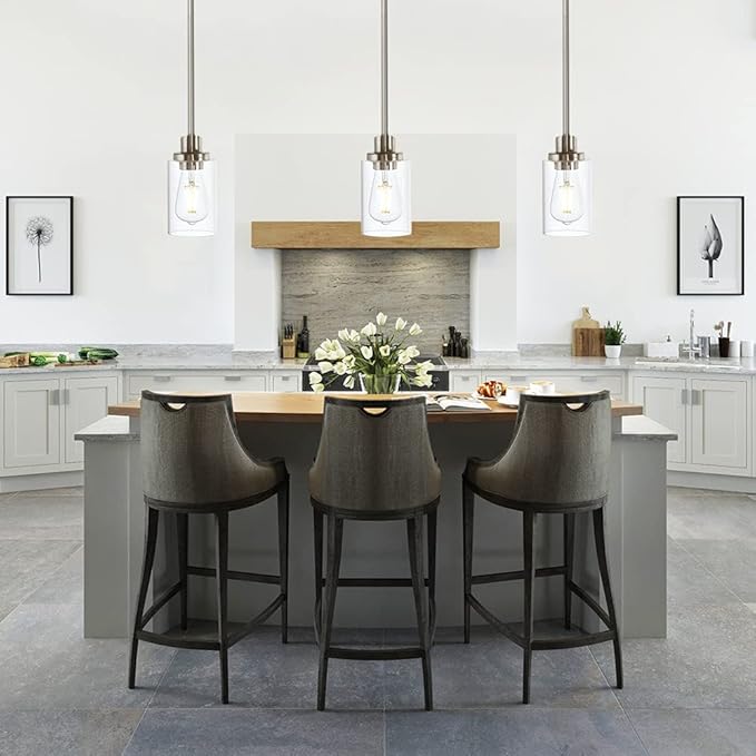 Modern Clear Glass Pendant Light in Brushed Nickel, Single Hanging Pendant Lighting for Farmhouse Entryway Dining Room Kitchen Island Foyer