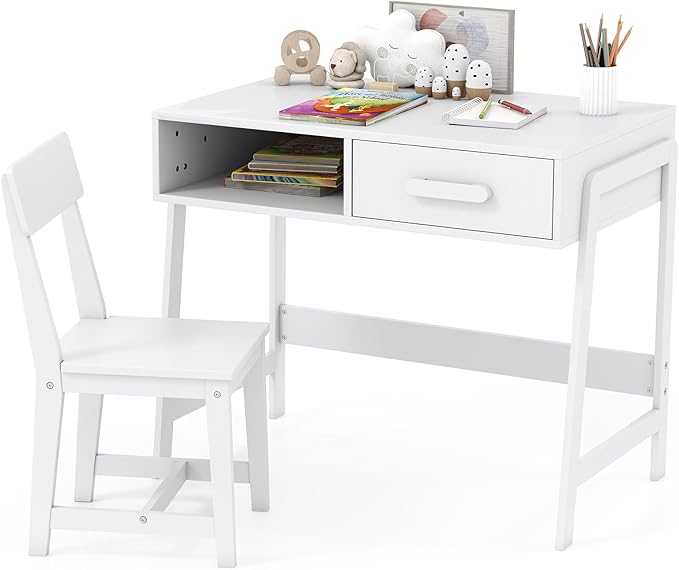 HONEY JOY Kids Desk and Chair Set, Wooden Children School Study Table and Chair w/Storage Drawer & Hutch, Student Writing Desk Computer Workstation for Bedroom, Gift for 3+ Years Old (White)